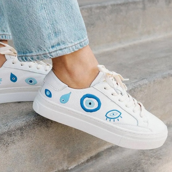 Soludos Ibiza White Leather Sneakers w Blue Evil Eye Design Size 8 EU 38.5 NIB - Picture 1 of 15
